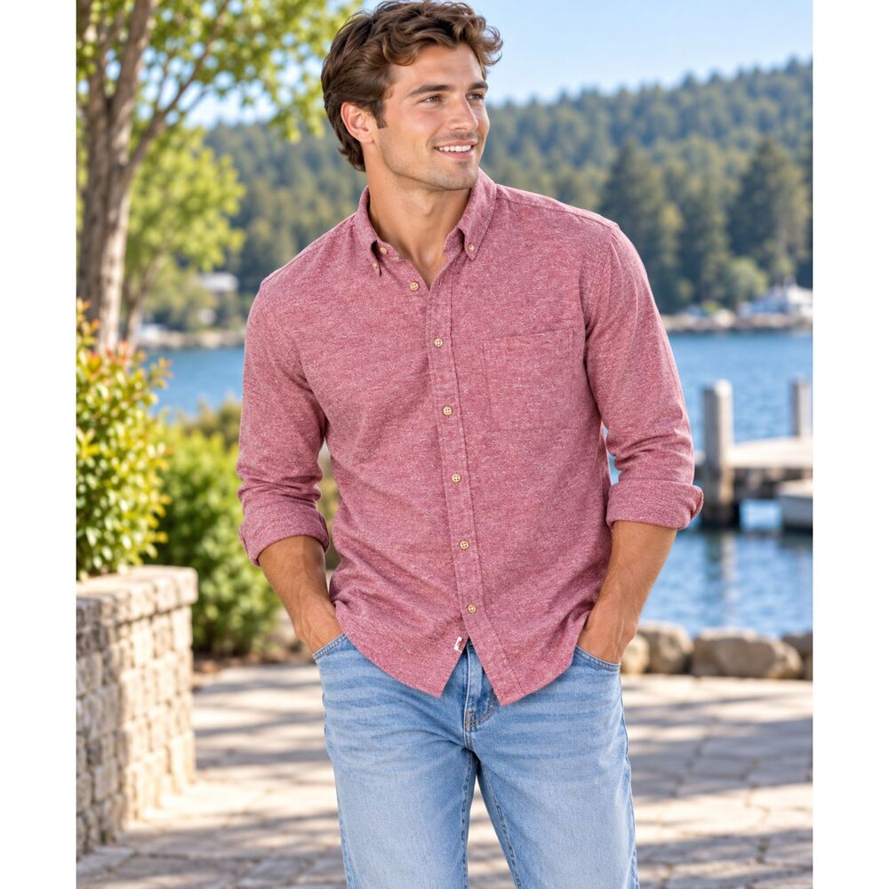 Lands End Mens Size Medium Slim Fit Burgundy Heather Flannel Shirt Oxford Casual